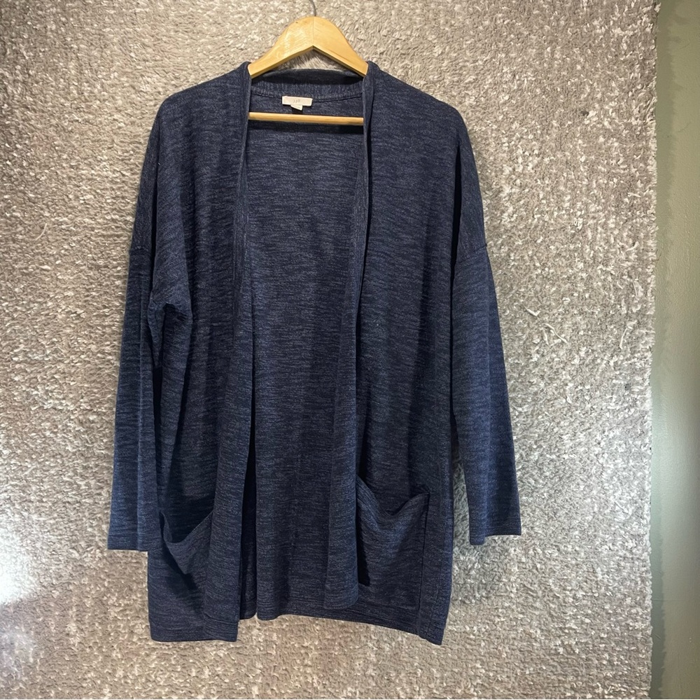 J Jill Womens Open Front Cardigan Sweater Size Small Blue Pockets Preppy Classic